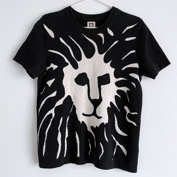 Anne Klein Classic Logo Intarsia Lion Knit Sweater Short Sleeve Pullover Sz M - Picture 1 of 8